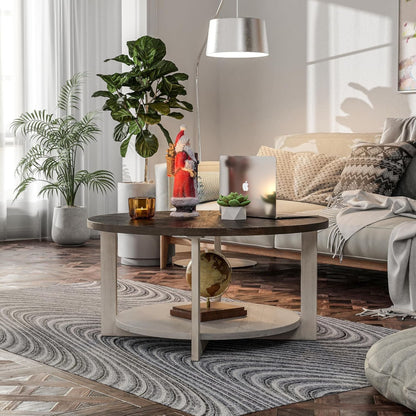 COZAYH Rustic Farmhouse Large Round Wood Coffee Table with Storage Shelf, Brown