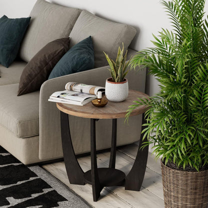 COZAYH Rustic Farmhouse Round End Table, Storage Shelf for Living Room, Black