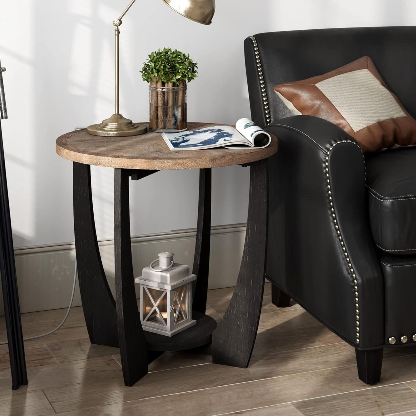 COZAYH Rustic Farmhouse Round End Table, Storage Shelf for Living Room, Black