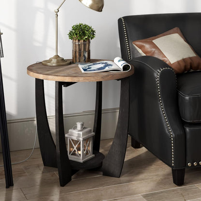 COZAYH Rustic Farmhouse Round End Table, Storage Shelf for Living Room, Black