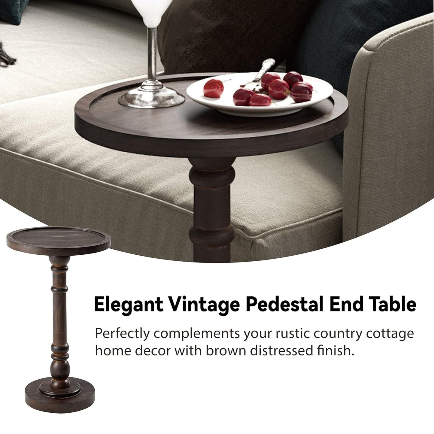 COZAYH Pedestal Tray Top End Table for Holding Drinks, Lamps, Plants, Dark Brown
