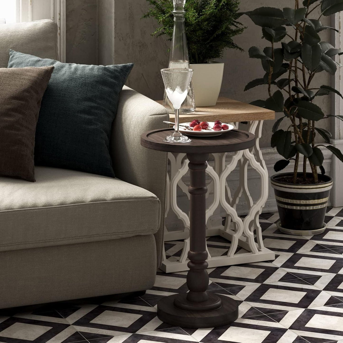 COZAYH Pedestal Tray Top End Table for Holding Drinks, Lamps, Plants, Dark Brown