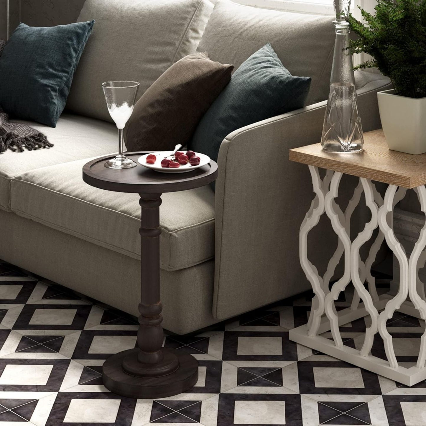 COZAYH Pedestal Tray Top End Table for Holding Drinks, Lamps, Plants, Dark Brown