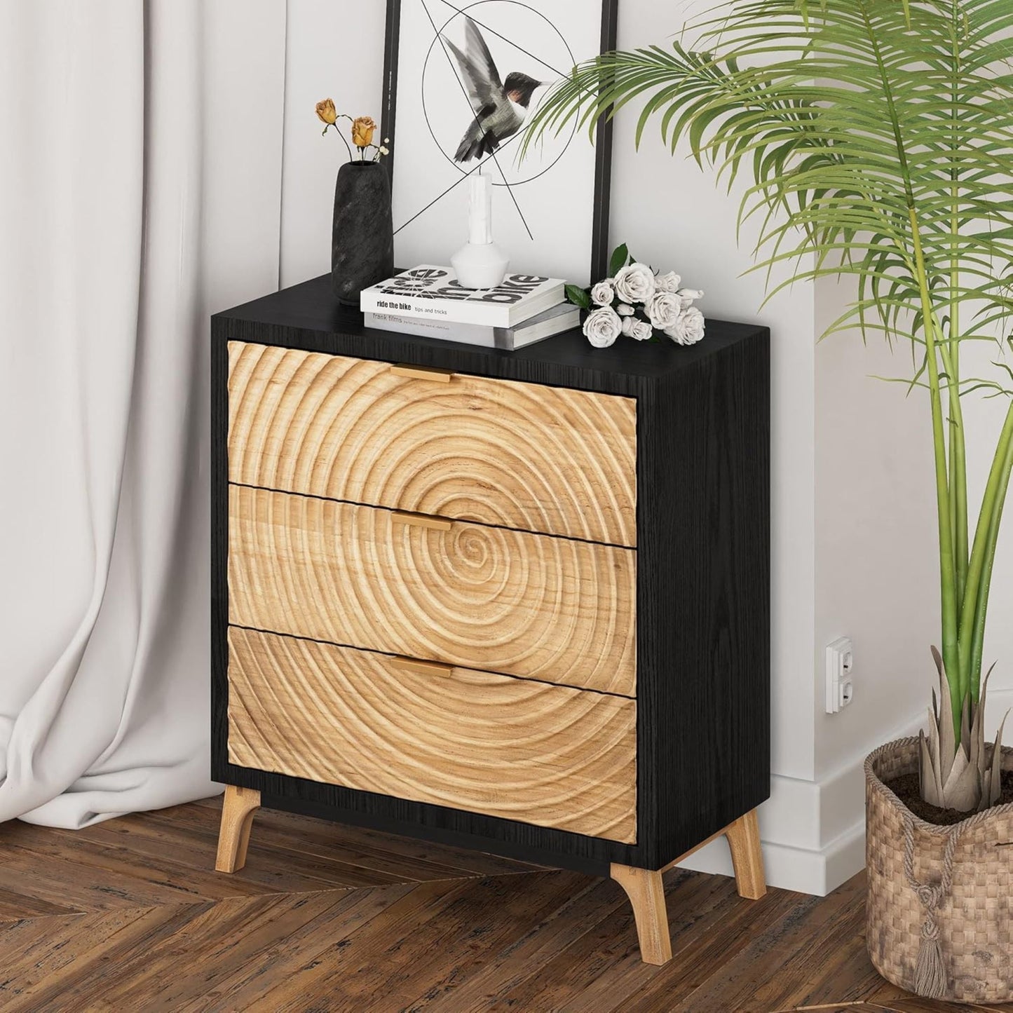 COZAYH 3 Drawer Farmhouse Nightstand Wood Storage Cabinet Accent Chest, Black