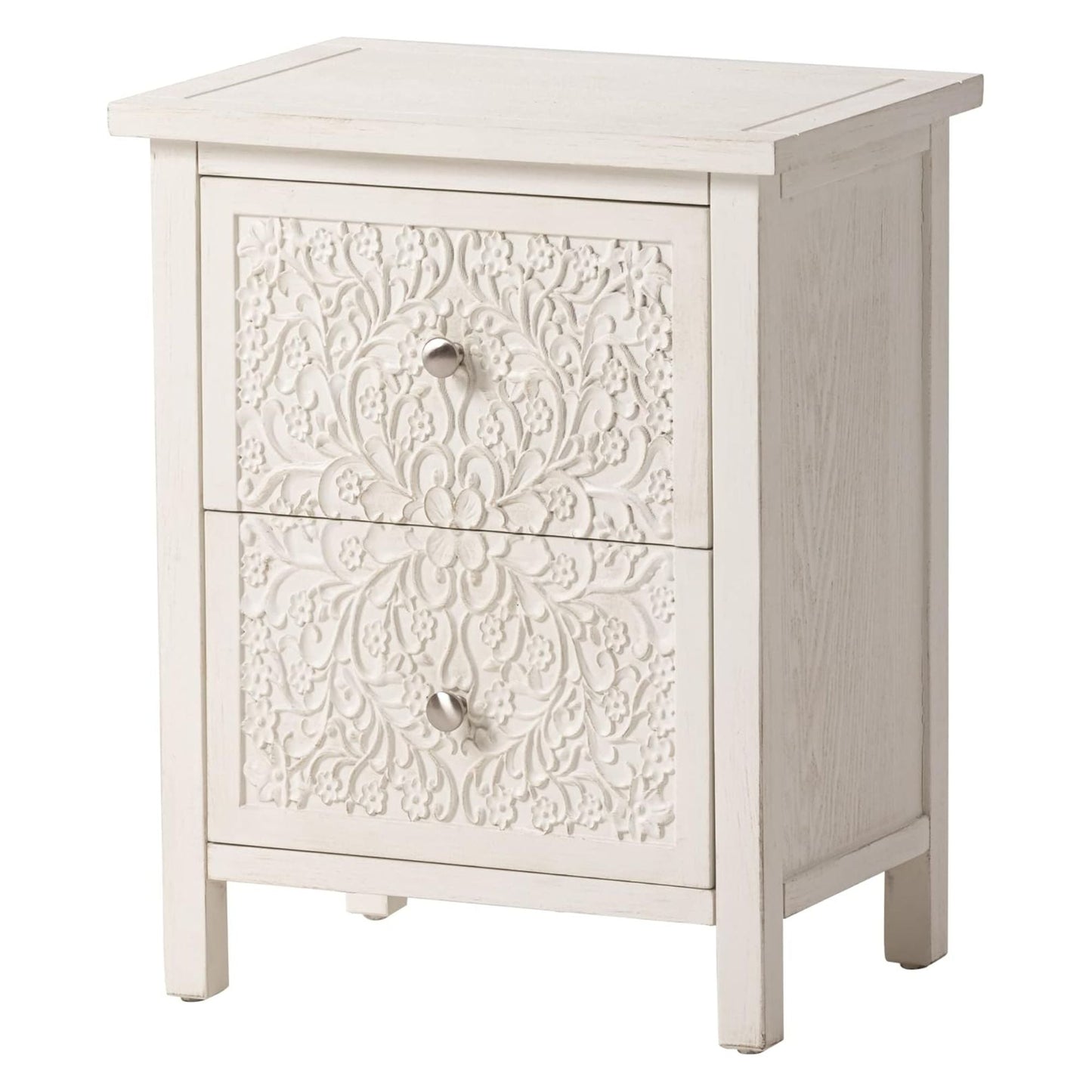 COZAYH Farmhouse 2 Drawer Home Bedroom Nightstand w/Embossed Flower Motif, White