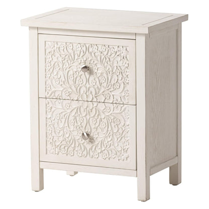 COZAYH Farmhouse 2 Drawer Home Bedroom Nightstand w/Embossed Flower Motif, White