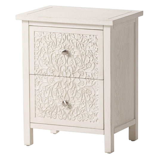 COZAYH Farmhouse 2 Drawer Home Bedroom Nightstand w/Embossed Flower Motif, White