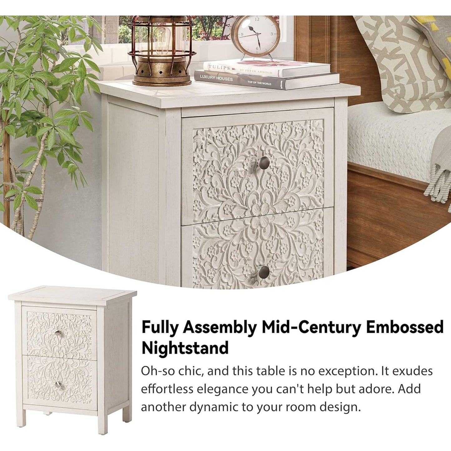 COZAYH Farmhouse 2 Drawer Home Bedroom Nightstand w/Embossed Flower Motif, White