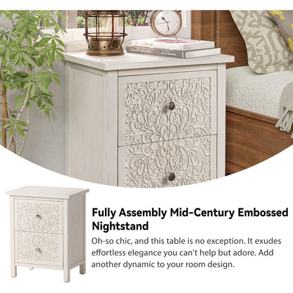 COZAYH Farmhouse 2 Drawer Home Bedroom Nightstand w/Embossed Flower Motif, White