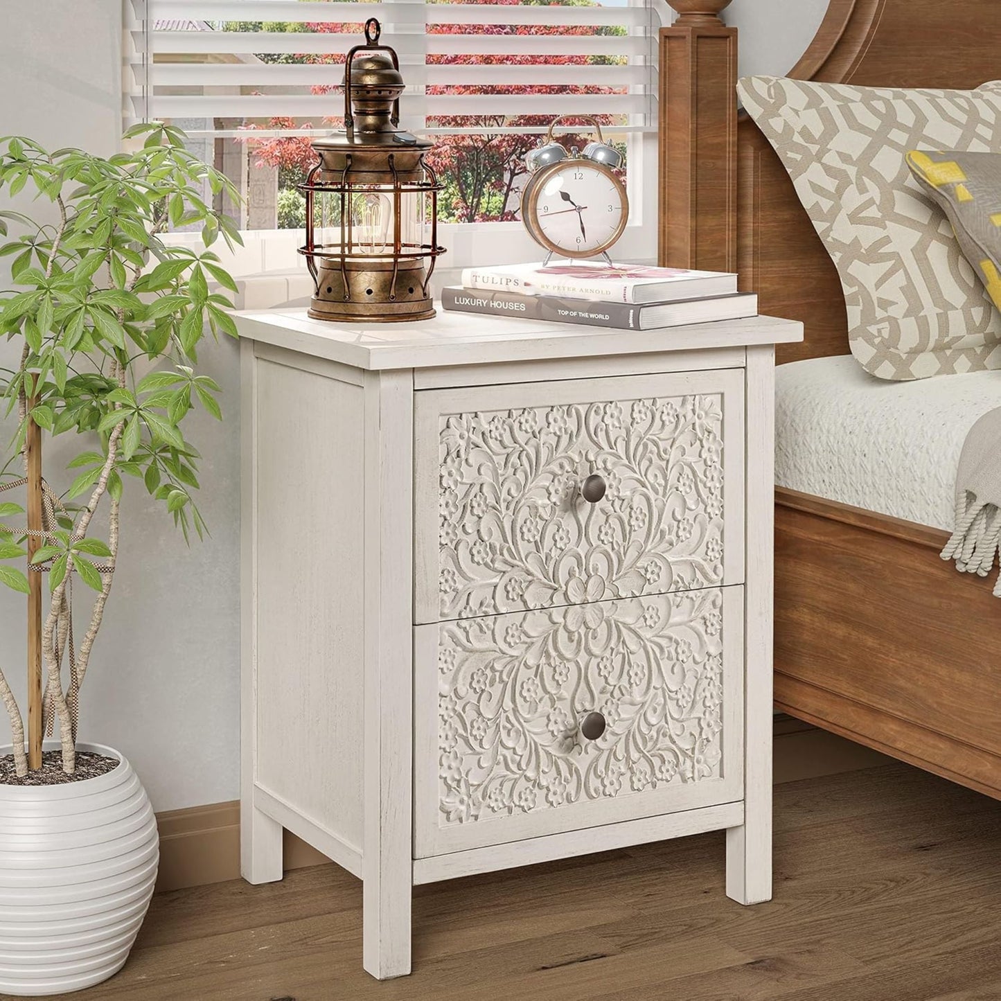 COZAYH Farmhouse 2 Drawer Home Bedroom Nightstand w/Embossed Flower Motif, White