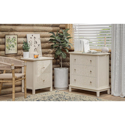 COZAYH Farmhouse 2 Drawer Home Bedroom Nightstand w/Embossed Flower Motif, White