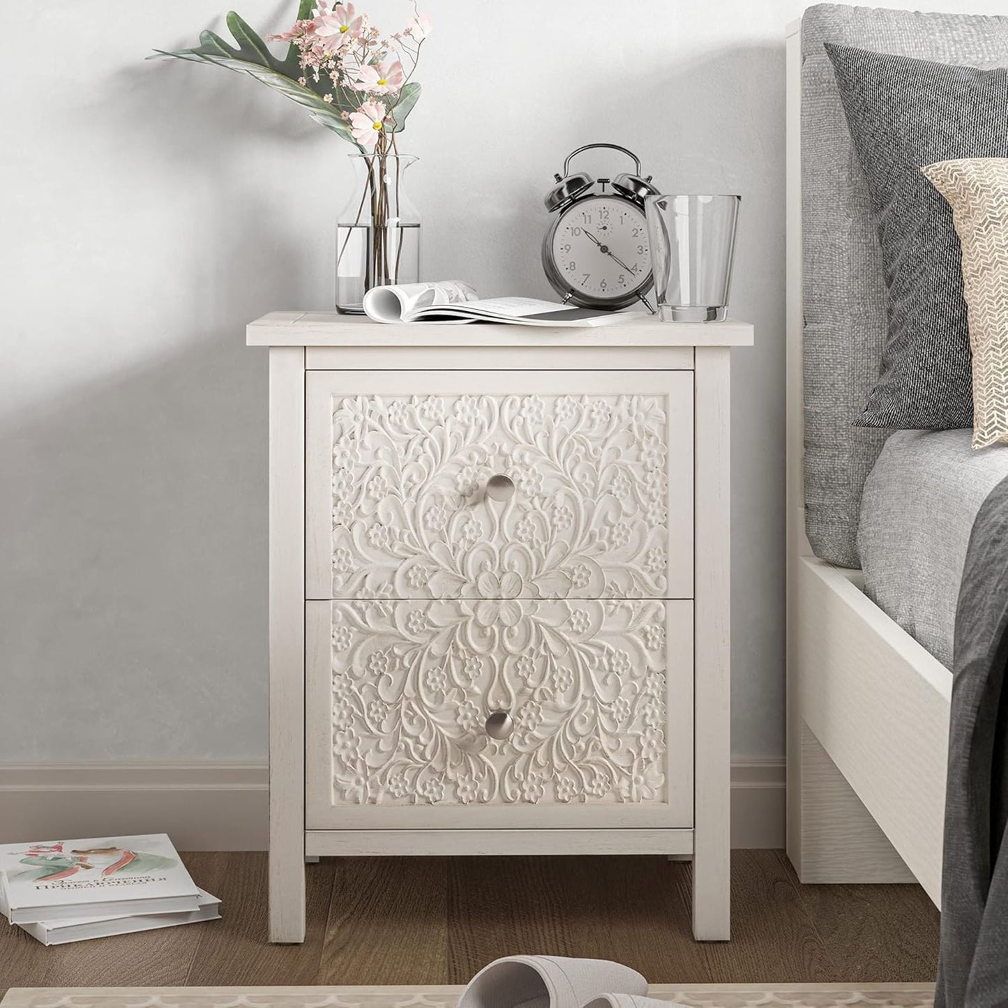 COZAYH Farmhouse 2 Drawer Home Bedroom Nightstand w/Embossed Flower Motif, White