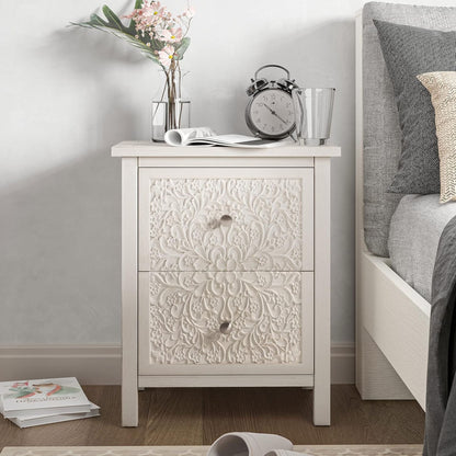 COZAYH Farmhouse 2 Drawer Home Bedroom Nightstand w/Embossed Flower Motif, White