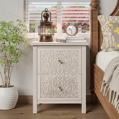 COZAYH Farmhouse 2 Drawer Home Bedroom Nightstand w/Embossed Flower Motif, White