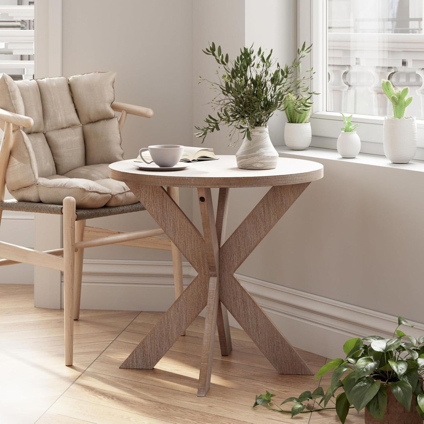 COZAYH Farmhouse Round Wooden End Table with Cross Legs, Vintage Grey Finish