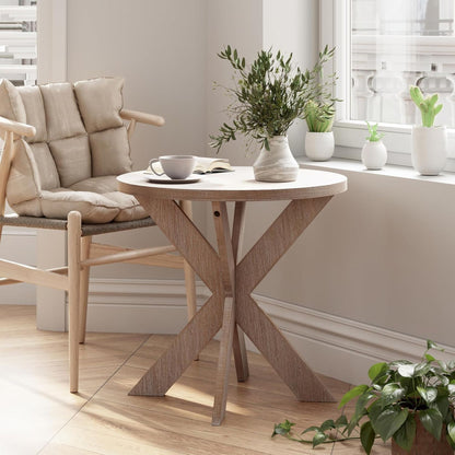 COZAYH Farmhouse Round Wooden End Table with Cross Legs, Vintage Grey Finish