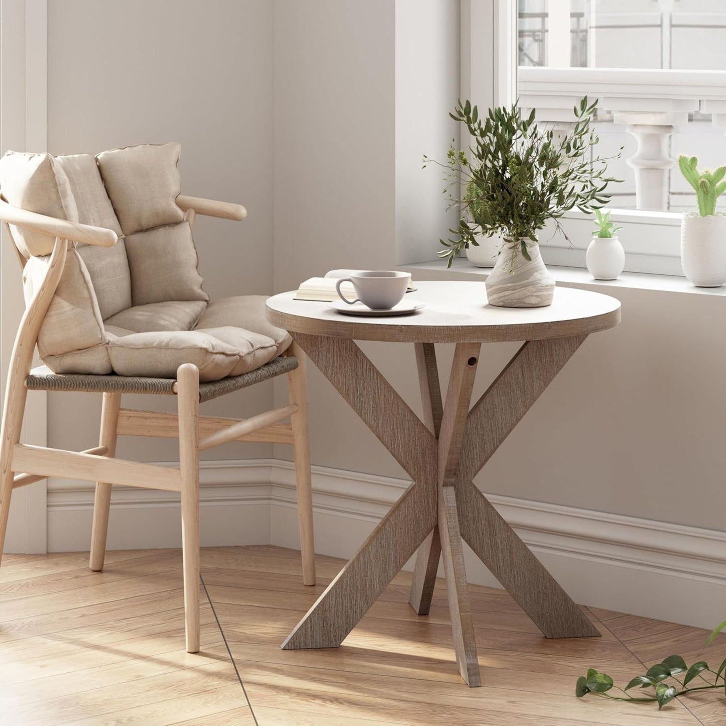 COZAYH Farmhouse Round Wooden End Table with Cross Legs, Vintage Grey Finish