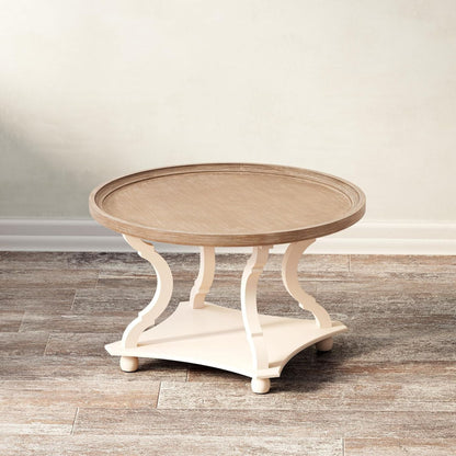 COZAYH Round Rustic Coffee Table Wood Tray Top Accent Centerpiece Storage, White