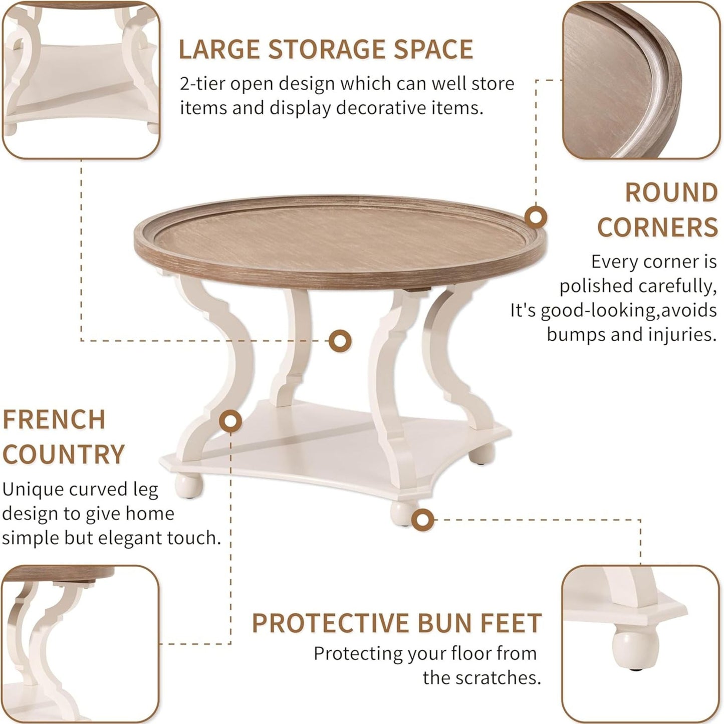 COZAYH Round Rustic Coffee Table Wood Tray Top Accent Centerpiece Storage, White