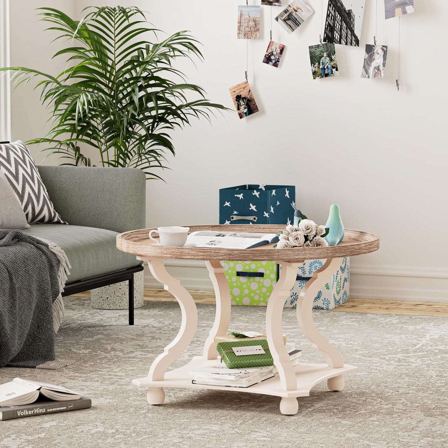 COZAYH Round Rustic Coffee Table Wood Tray Top Accent Centerpiece Storage, White