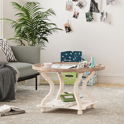 COZAYH Round Rustic Coffee Table Wood Tray Top Accent Centerpiece Storage, White