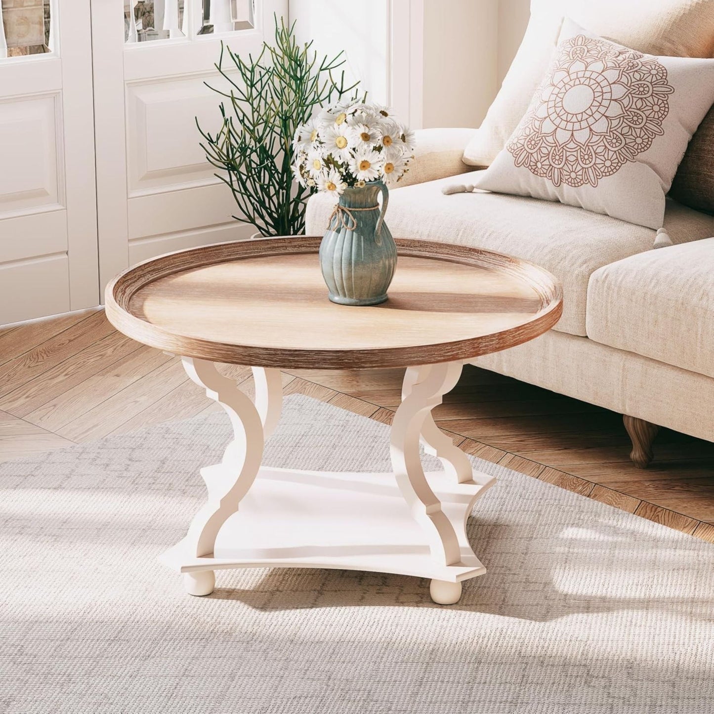 COZAYH Round Rustic Coffee Table Wood Tray Top Accent Centerpiece Storage, White