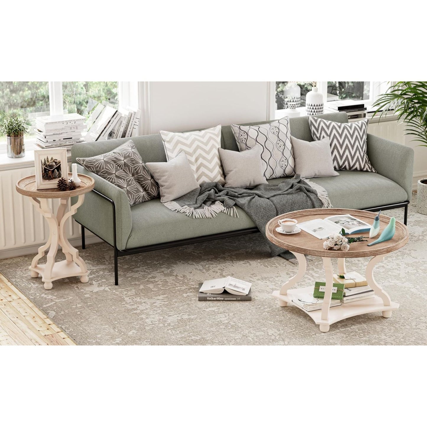 COZAYH Round Rustic Coffee Table Wood Tray Top Accent Centerpiece Storage, White