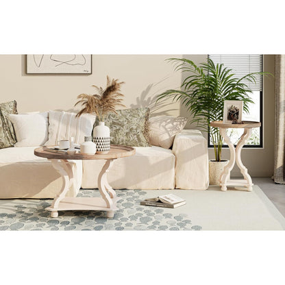 COZAYH Round Rustic Coffee Table Wood Tray Top Accent Centerpiece Storage, White