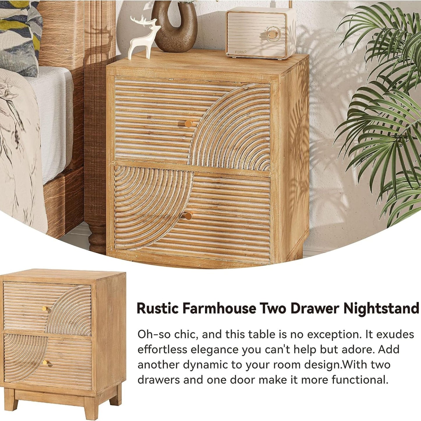 COZAYH Farmhouse 2 Drawer Nightstand with Handcrafted Wood Ring Pattern, Natural