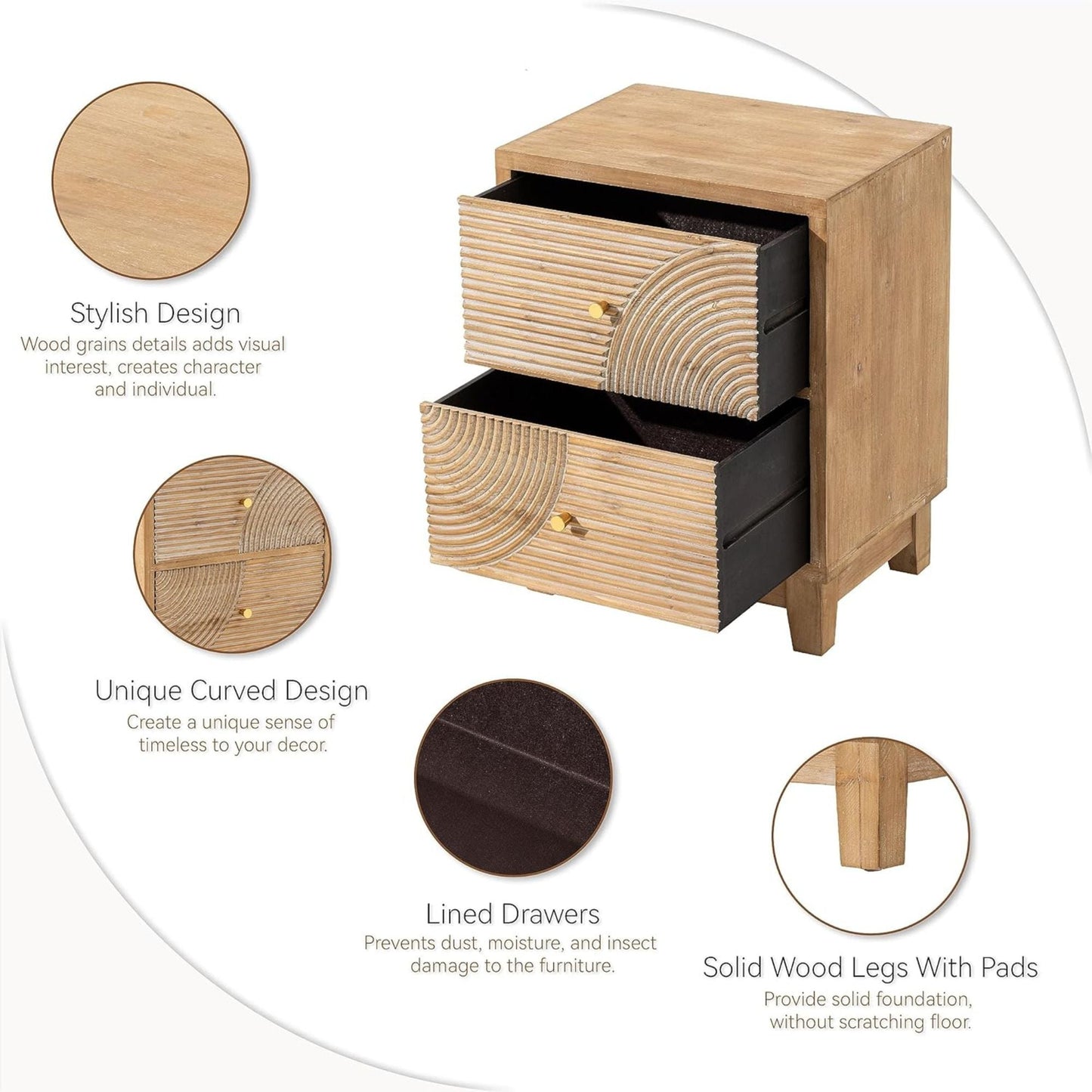 COZAYH Farmhouse 2 Drawer Nightstand with Handcrafted Wood Ring Pattern, Natural