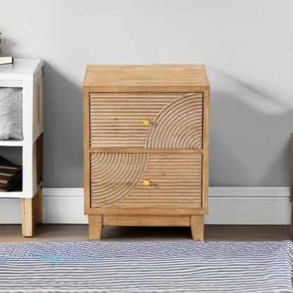 COZAYH Farmhouse 2 Drawer Nightstand with Handcrafted Wood Ring Pattern, Natural