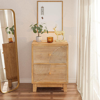 COZAYH Farmhouse 2 Drawer Nightstand with Handcrafted Wood Ring Pattern, Natural