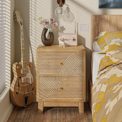 COZAYH Farmhouse 2 Drawer Nightstand with Handcrafted Wood Ring Pattern, Natural