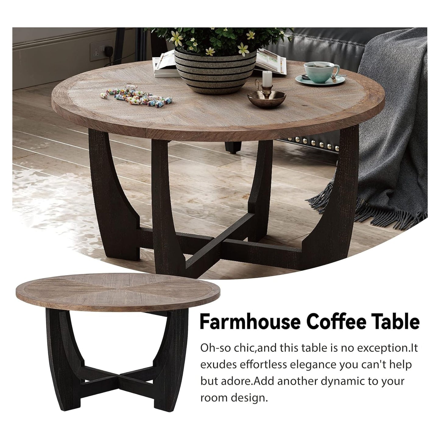 COZAYH Rustic Farmhouse Round Coffee Table with Crisscross Base for Living Room