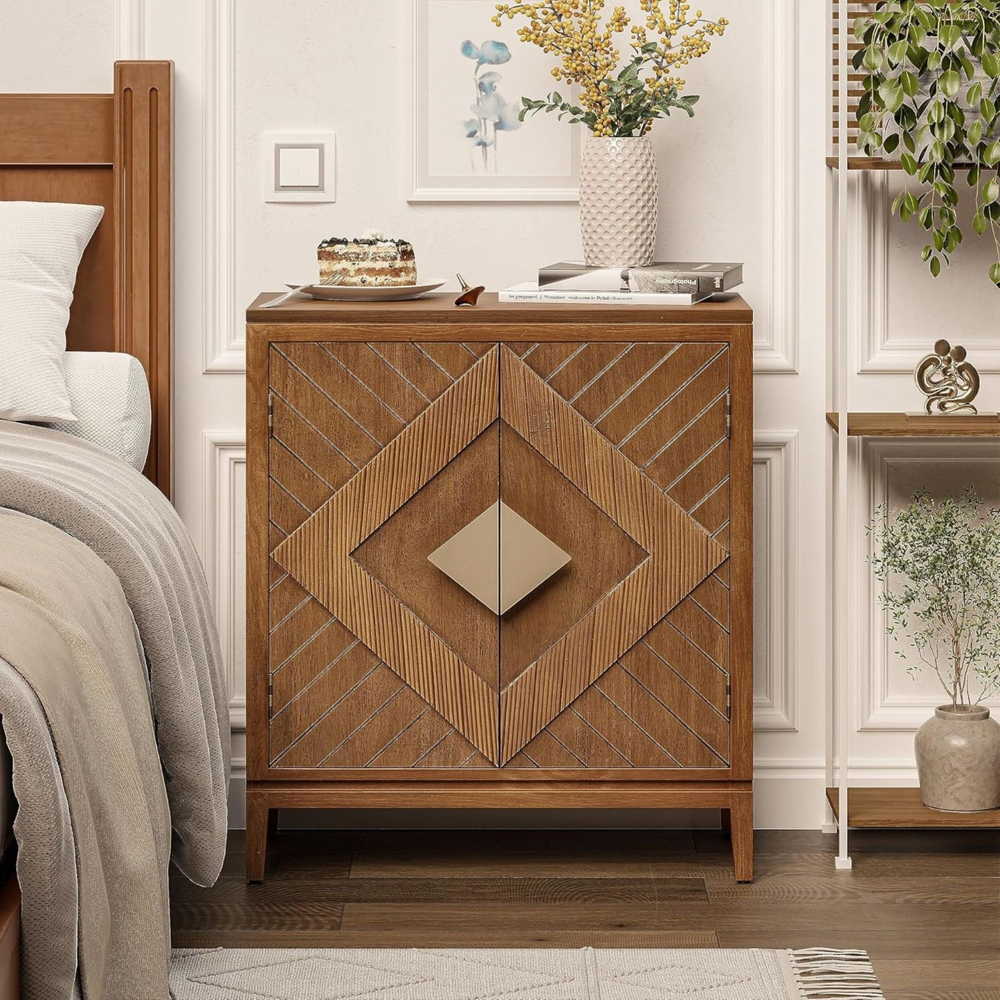 COZAYH Storage Cabinet Modern Wood Accent Sideboard Buffet Geometric Doors, Wood