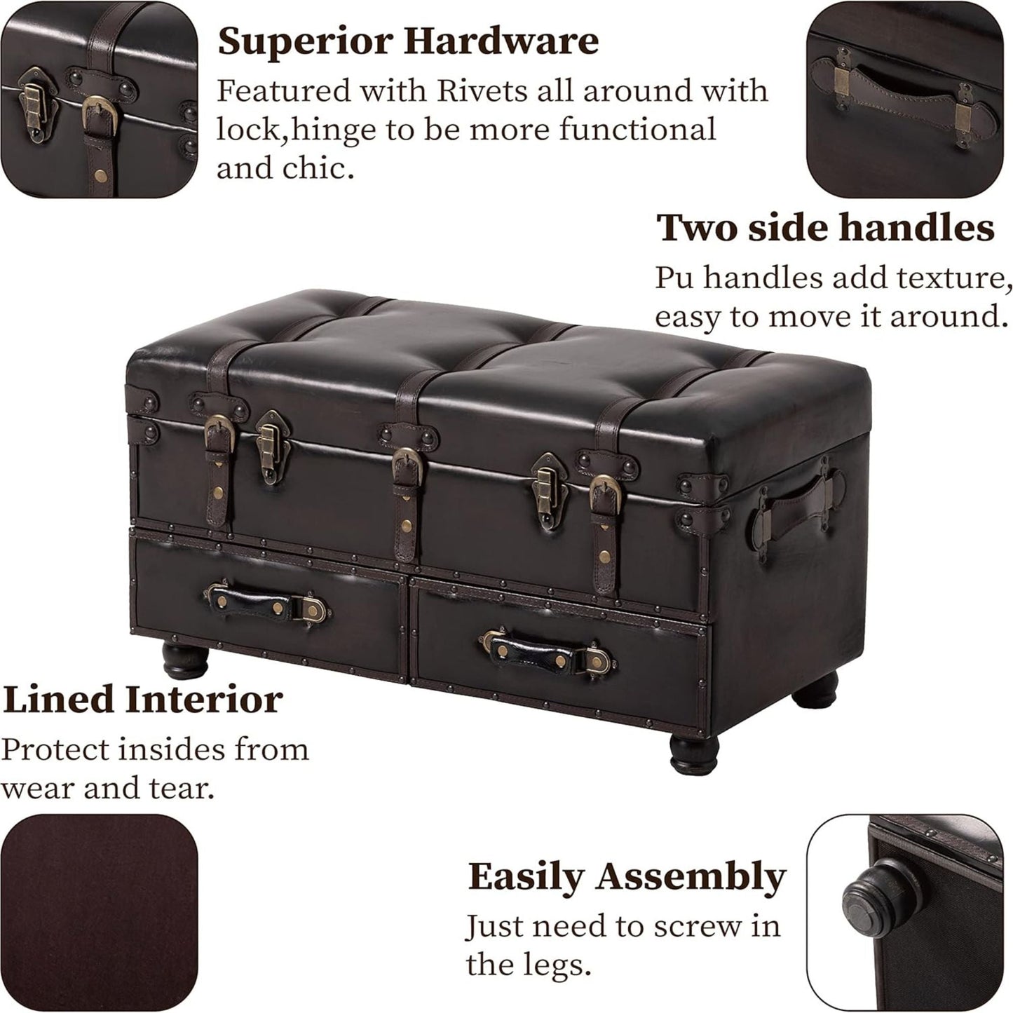 COZAYH Vintage Storage Bench, Upholstered Wooden Ottoman Chest Box, Black Brown