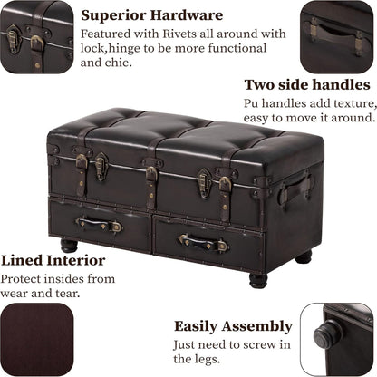 COZAYH Vintage Storage Bench, Upholstered Wooden Ottoman Chest Box, Black Brown