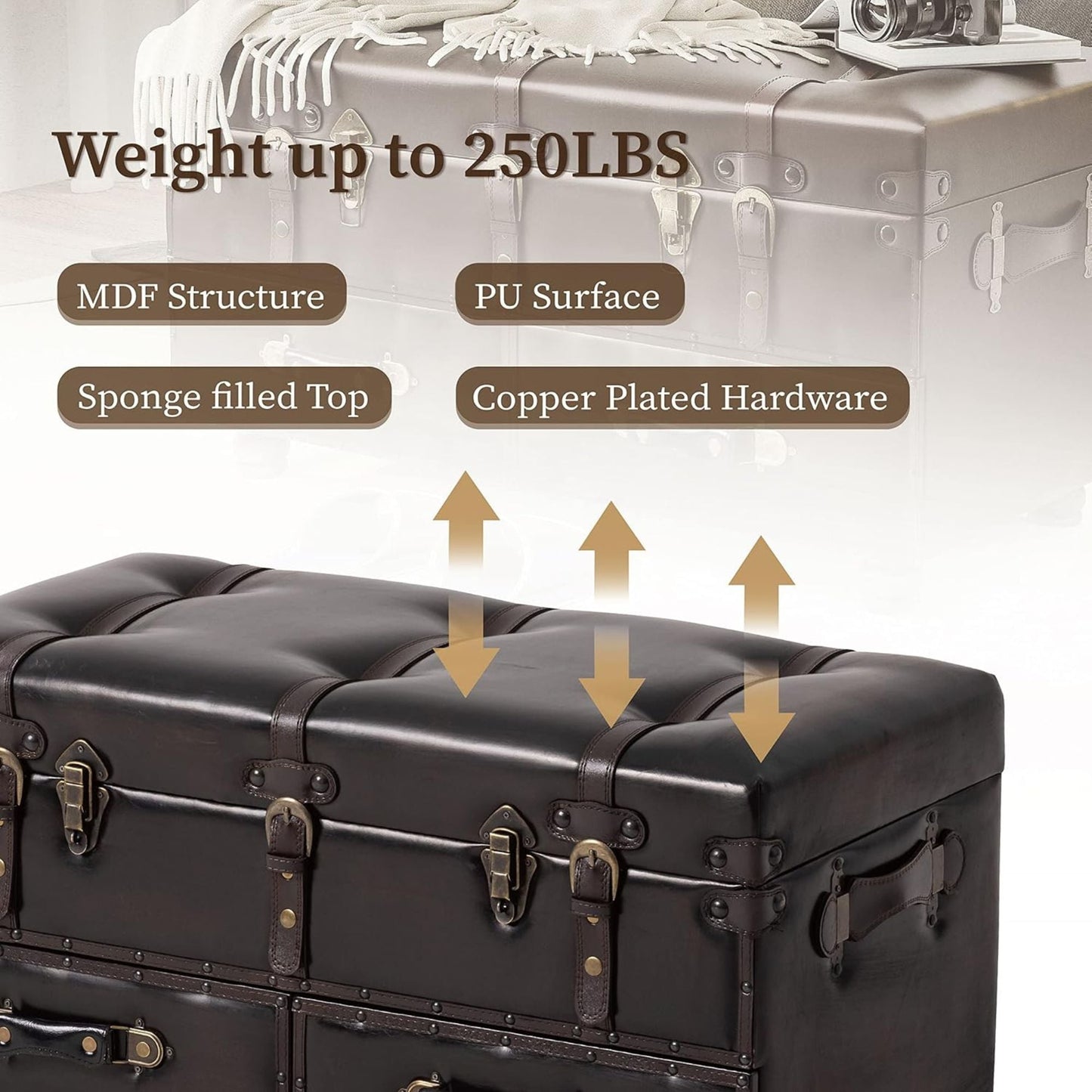 COZAYH Vintage Storage Bench, Upholstered Wooden Ottoman Chest Box, Black Brown