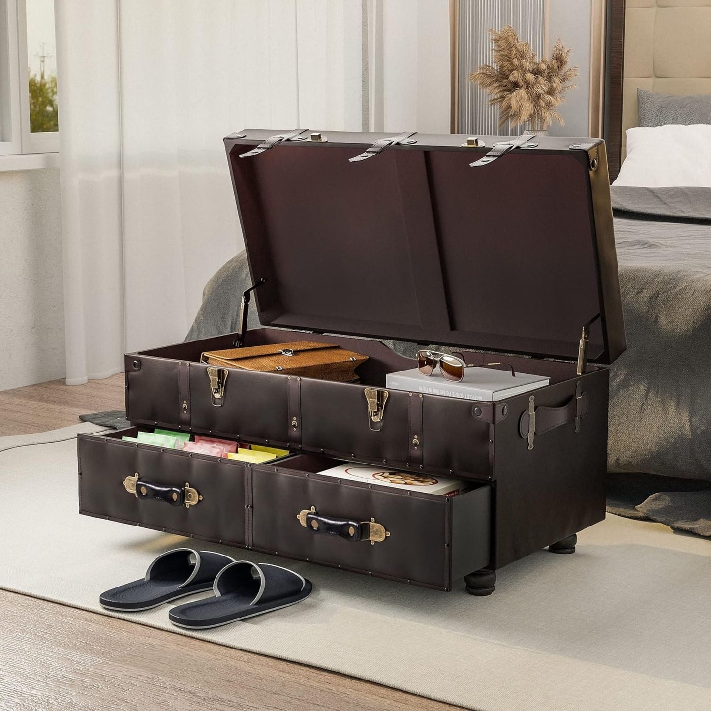 COZAYH Vintage Storage Bench, Upholstered Wooden Ottoman Chest Box, Black Brown