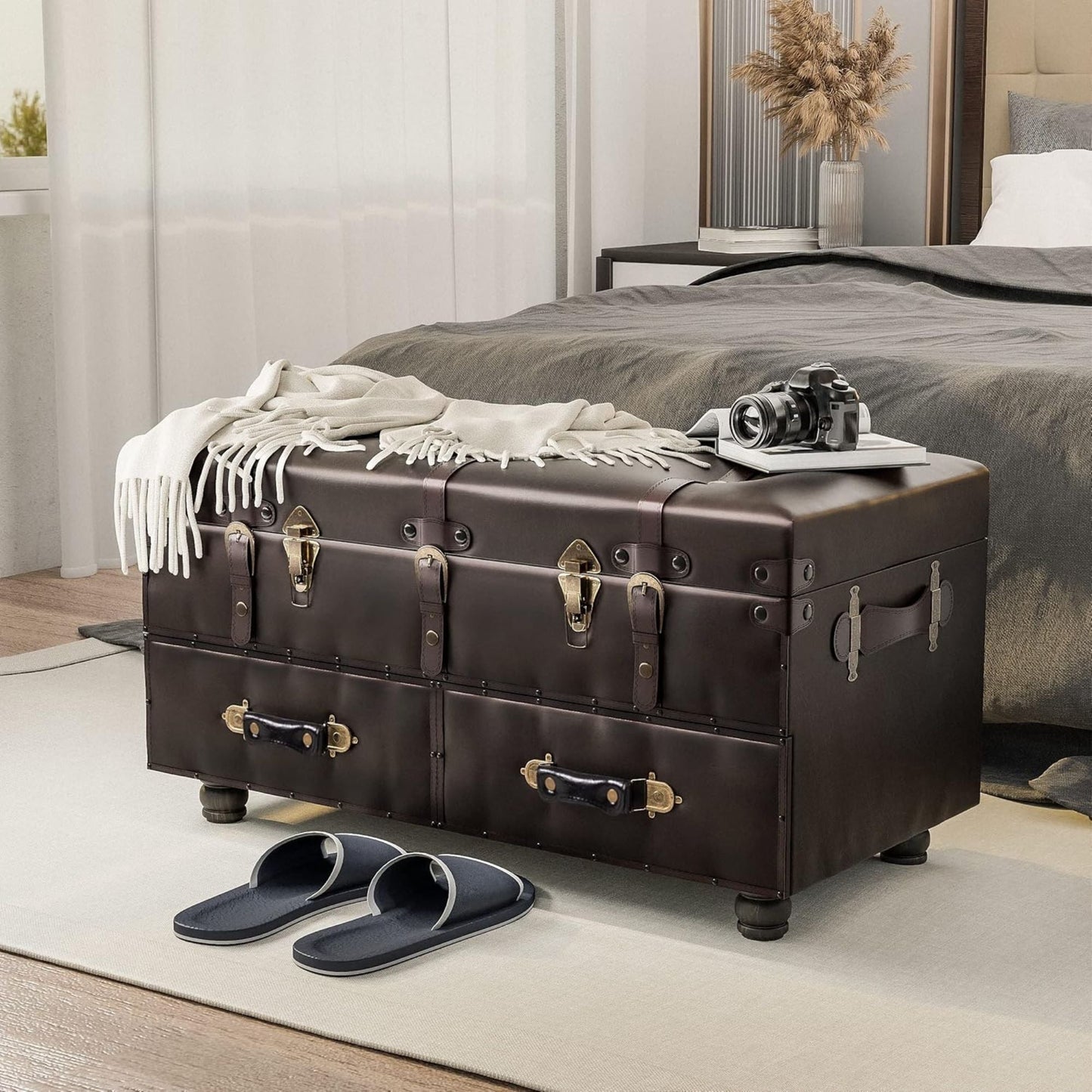 COZAYH Vintage Storage Bench, Upholstered Wooden Ottoman Chest Box, Black Brown