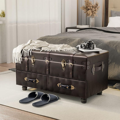 COZAYH Vintage Storage Bench, Upholstered Wooden Ottoman Chest Box, Black Brown