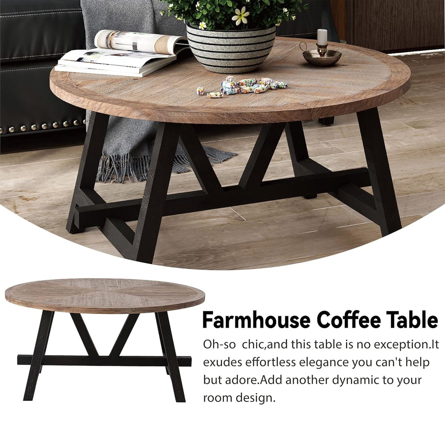 COZAYH Rustic Farmhouse Round Coffee Table with Geometric Base for Living Room