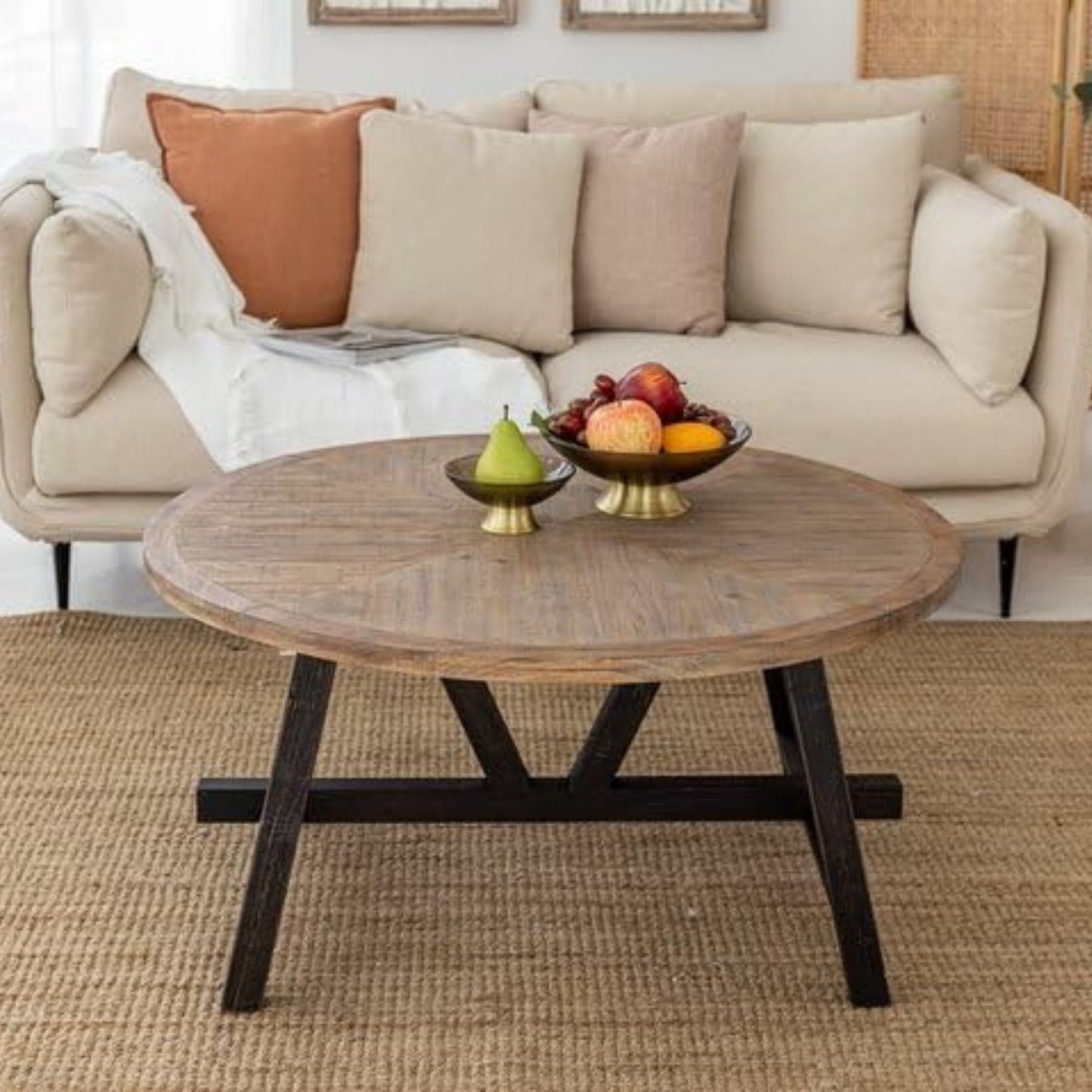 COZAYH Rustic Farmhouse Round Coffee Table with Geometric Base for Living Room