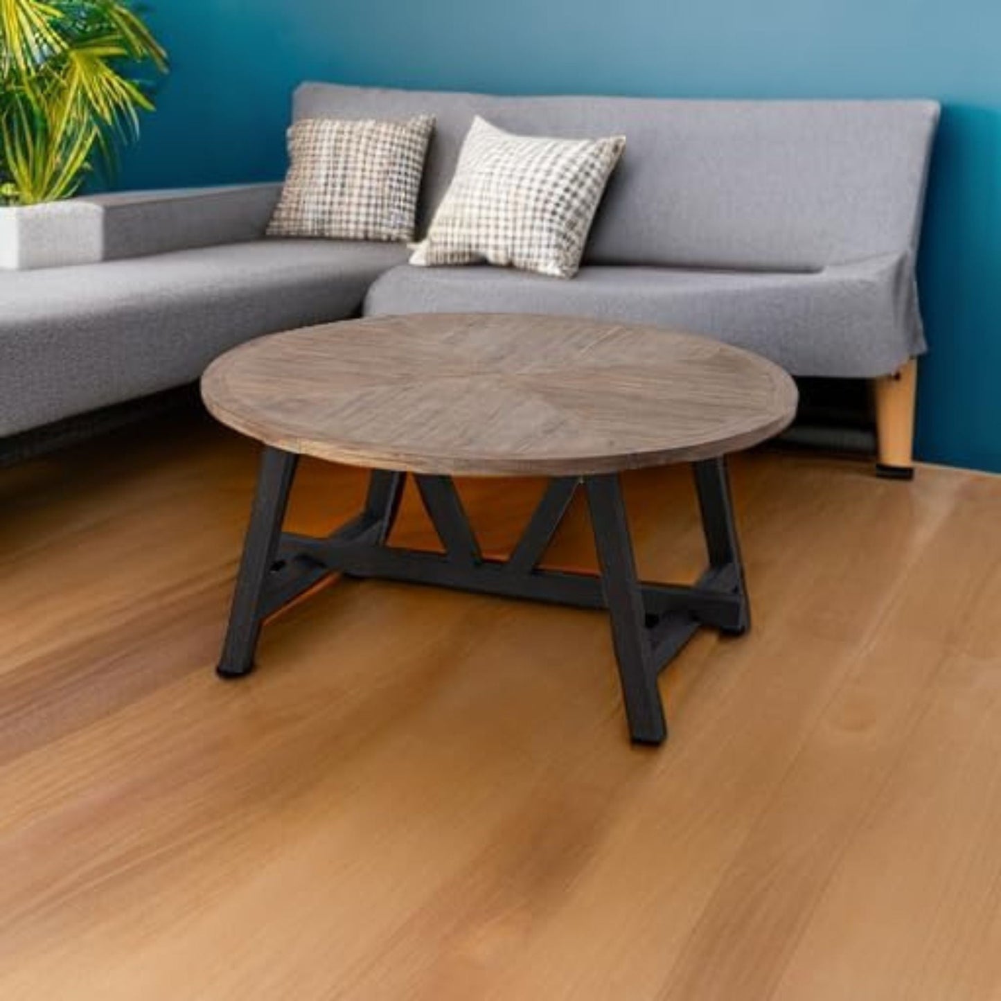 COZAYH Rustic Farmhouse Round Coffee Table with Geometric Base for Living Room