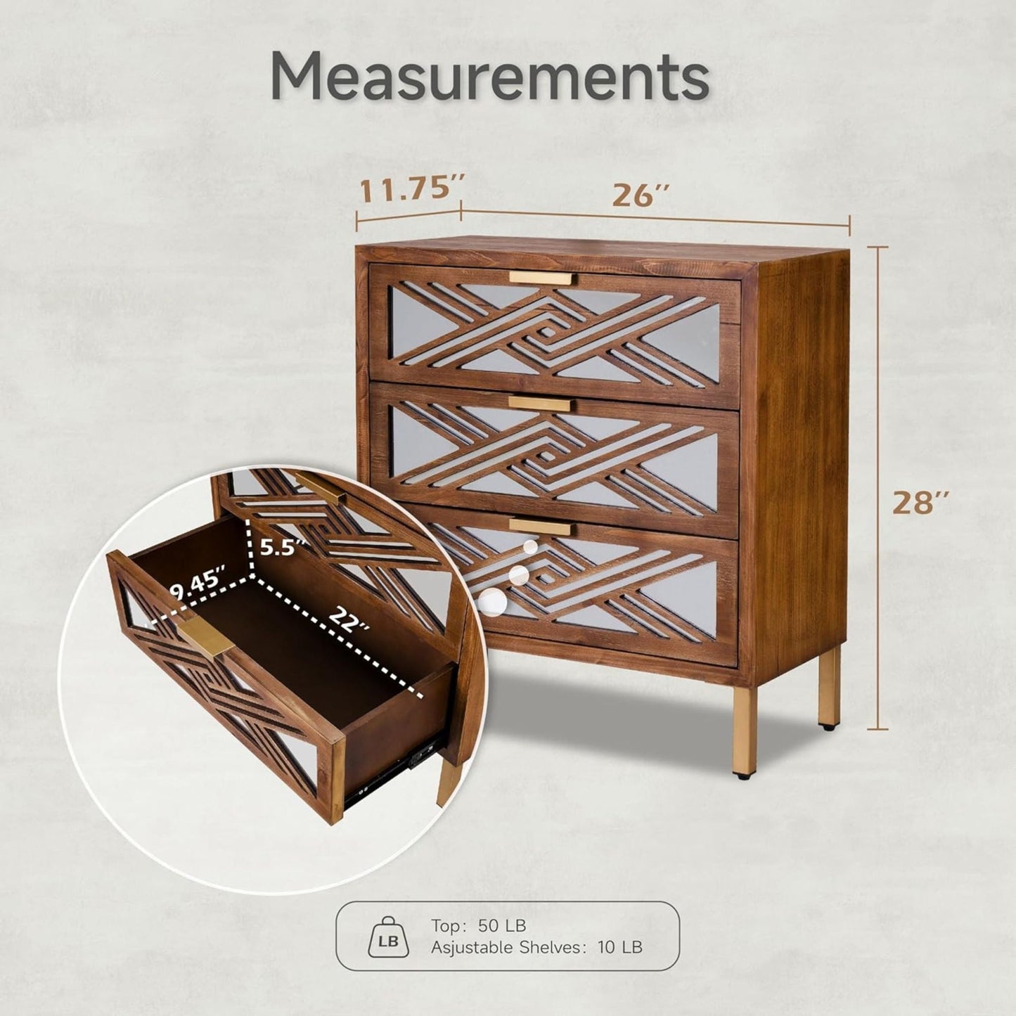 COZAYH 3-Drawer Modern Accent Dresser Mirror Front Storage Cabinet, Wood Finish