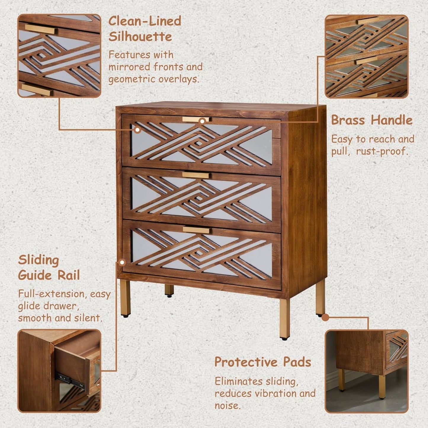 COZAYH 3-Drawer Modern Accent Dresser Mirror Front Storage Cabinet, Wood Finish