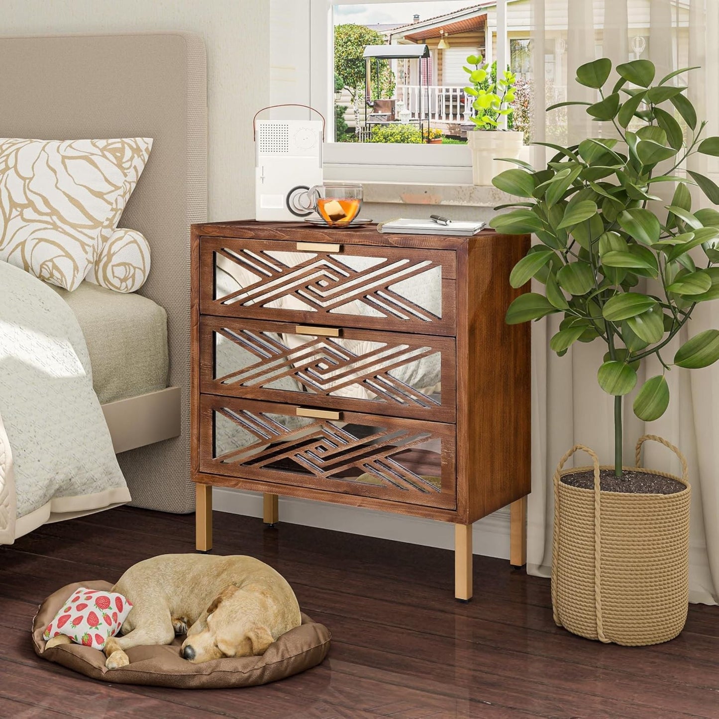 COZAYH 3-Drawer Modern Accent Dresser Mirror Front Storage Cabinet, Wood Finish