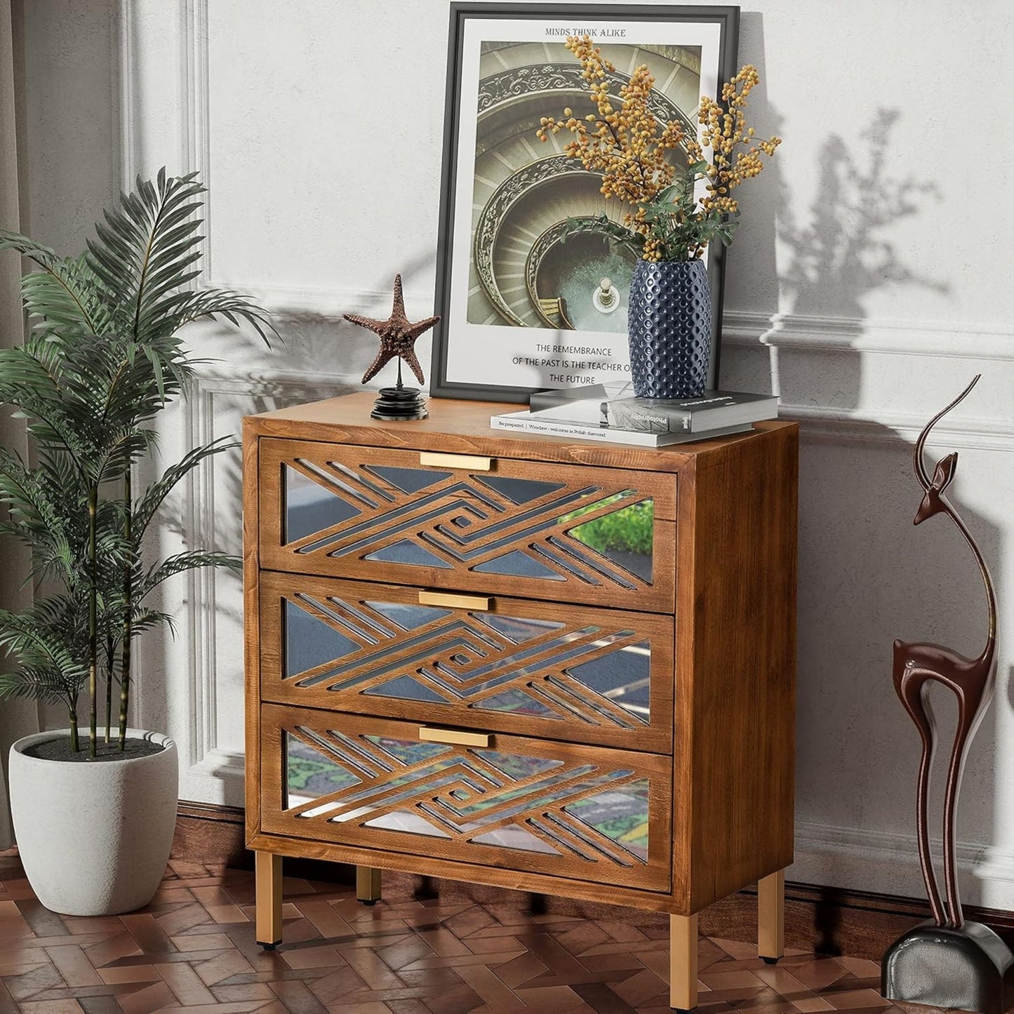 COZAYH 3-Drawer Modern Accent Dresser Mirror Front Storage Cabinet, Wood Finish