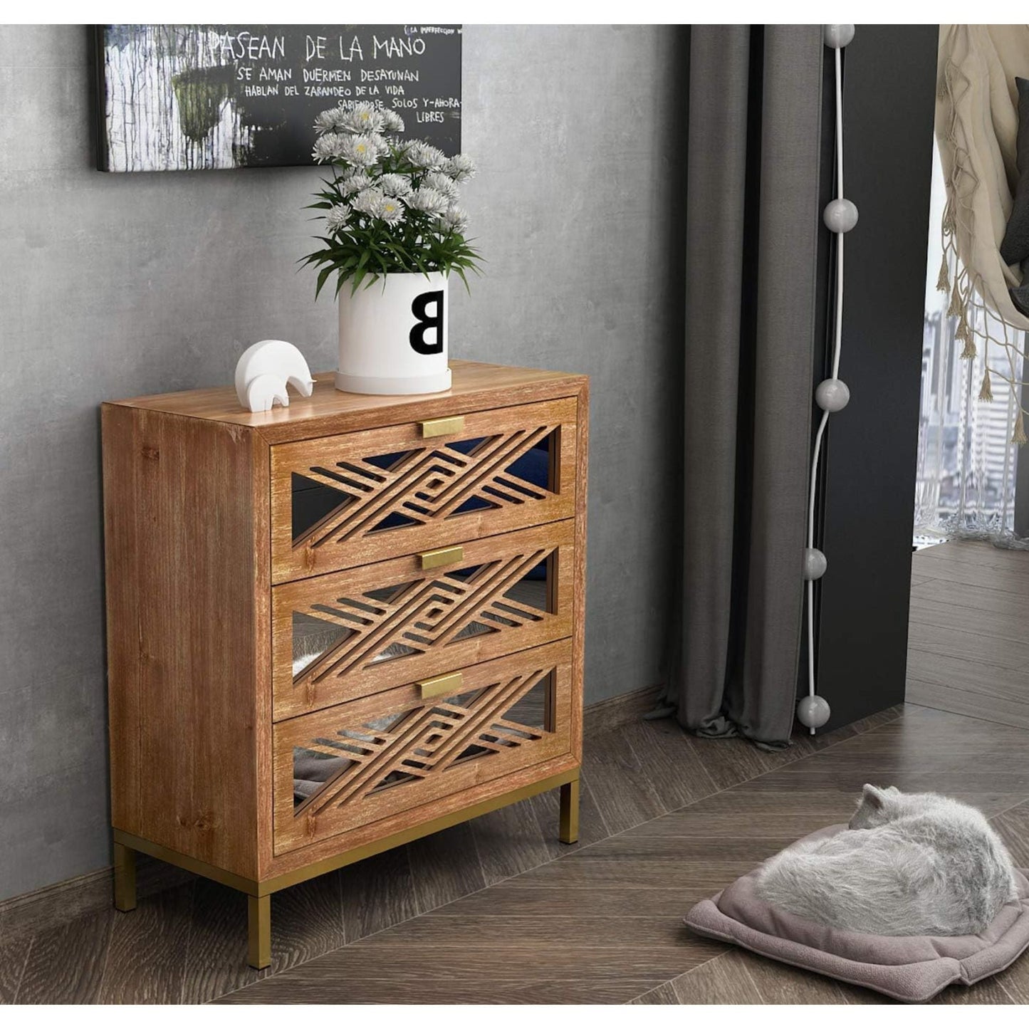 COZAYH 3-Drawer Modern Accent Dresser Mirror Front Storage Cabinet, Wood Finish