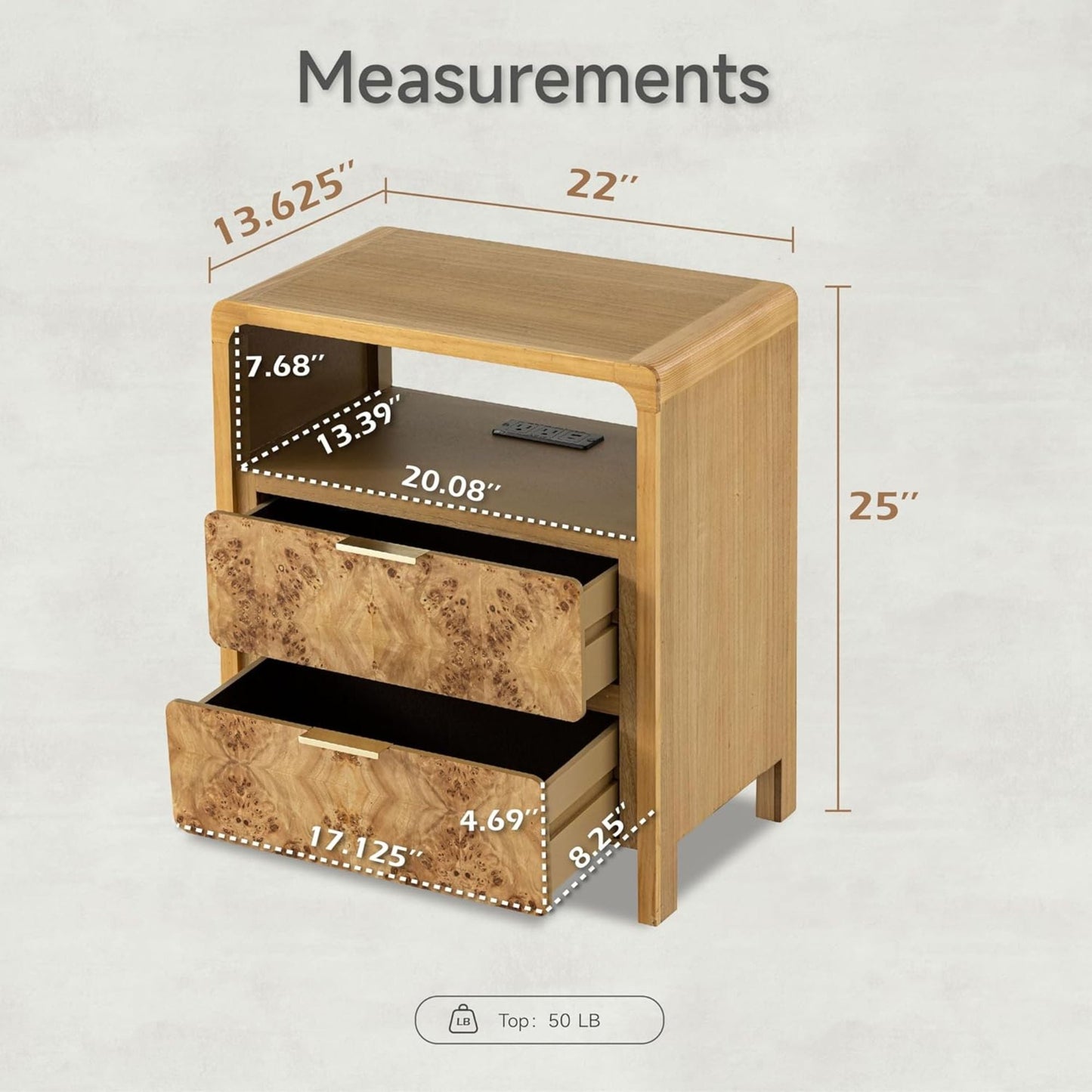 COZAYH Farmhouse 2 Drawer Bed Nightstand w/ Charging Station, Burl Wood, Natural